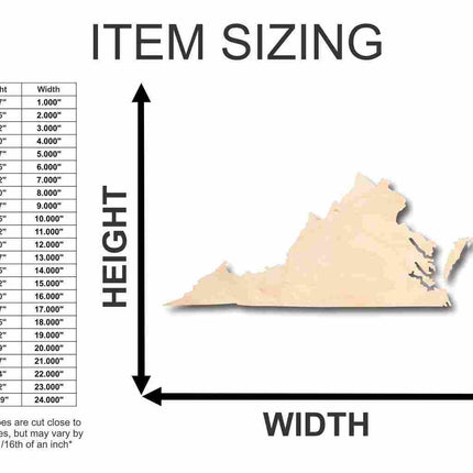 Unfinished Wood Virginia Shape - State - Craft - up to 46" DIY