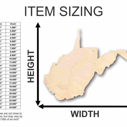 Unfinished Wood West Virginia Shape - State - Craft - up to 46" DIY