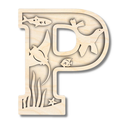 Unfinished Wood Layered Themed Letters | Ocean | A-Z | 2 Piece | up to 24"