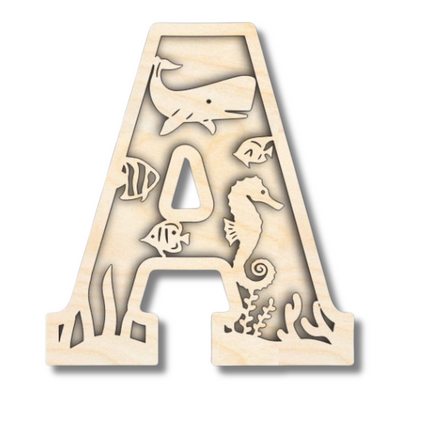 Unfinished Wood Layered Themed Letters | Ocean | A-Z | 2 Piece | up to 24"