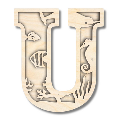 Unfinished Wood Layered Themed Letters | Ocean | A-Z | 2 Piece | up to 24"