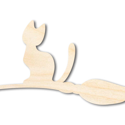 Unfinished Wood Cat on Broom Shape | DIY Halloween Cat Craft Cutout | up to 46" DIY