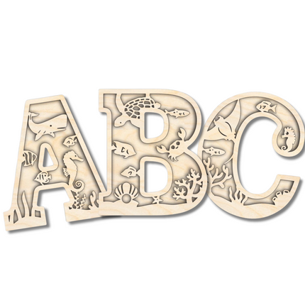 Unfinished Wood Layered Themed Letters | Ocean | A-Z | 2 Piece | up to 24"