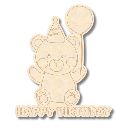 Unfinished Wood Etched Birthday Bear with Balloon Shape | Paint By Line Crafts | up to 30" DIY
