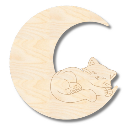 Unfinished Wood Etched Sleeping Kitten on Moon Shape | Paint By Line Crafts | up to 30" DIY