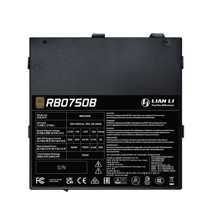 Lian Li RB750 80 Plus Bronze Non Modular - Low-Noise ATX 750 Watt Power Supply w/ 12+4Pin Connector - ATX 3.1 & PCIe 5.1 Compliant - Cable Management - 135mm Larger Fan - Active PFC - Black (RB0750B)
