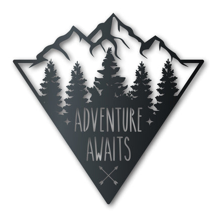 Adventure Mountains Metal Sign | Mountain Forest Wall Art | Indoor Outdoor | Up to 46" | Over 20 Color Options