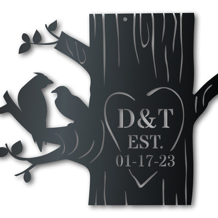 Metal Love Birds Carved Tree Wall Art - Custom Metal Sign - 14 Color Options