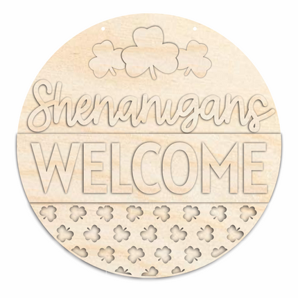 Unfinished Wood Shenanigans Welcome Door Sign Kit | Wood Craft Cutouts | 1/4" Thick |