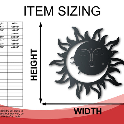 Metal Sun and Moon Sign | Celestial Garden Wall Art | Indoor Outdoor | Up to 46" | Over 20 Color Options